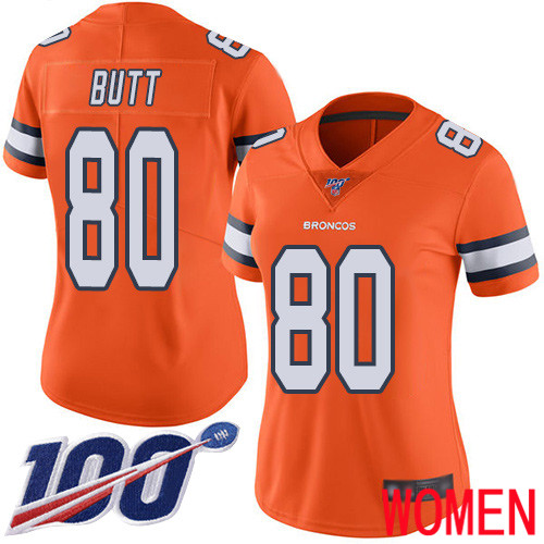 Women Denver Broncos #80 Jake Butt Limited Orange Rush Vapor Untouchable 100th Season Football NFL Jersey->youth nfl jersey->Youth Jersey